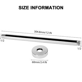 NearMoon Ceiling Mounted Shower Arm With Flange and Teflon Tape, Universal Connection 1/2 NPT Straight Round Shower Arm for Fixed Rain Shower Head, Thicken Stainless Steel (12 Inch, Chrome)