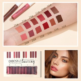 QiBest- Juego de 12 lápices labiales líquidos aterciopelados mate para mujeres y adolescentes, regalo, resistentes al agua, de larga duración durante 24 horas