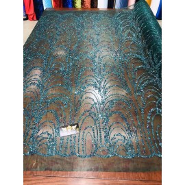 NEW CREATIONS FABRIC AND FOAM INC HUNTER GREEN SHINY GLITTER WAVE DESIGN ON A printed MESH-PROM-SOLD BY THE YARD.