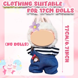 6Pcs Clothes & Accessories for 17cm Dolls, Includes Suspender Skirt Striped Top Overalls Hat Hair Accessories Ice Cream Backpack for Kids Birthday Holiday(No Doll)