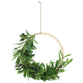 Beavorty Artificial Olive Leaf Wreath Wood Beads Wreath Greenery Leaves with Fruit Wreath Front Door Hanging Faux Olive Leaves Wreath for Wedding Wall Home Decor