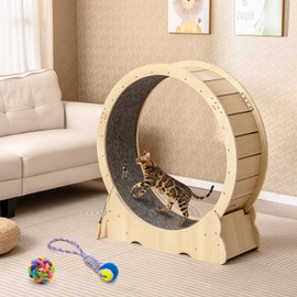 Tangkula Cat Wheel for Indoor Cats, 40 Inch Large Cat Exercise Wheel with Lockable Mechanism, Carpeted Runaway, Wooden Ultra Low Noise Running Treadmill with a Teaser Toy for Kitty Fitness