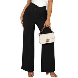 Pink Queen Black Dress Pants Women High Waisted Crossover Elastic Waist Wide Leg Yoga Pants for Women Straight Leg Flat Front Long Trousers Business Casual Office Slacks for Work Black L