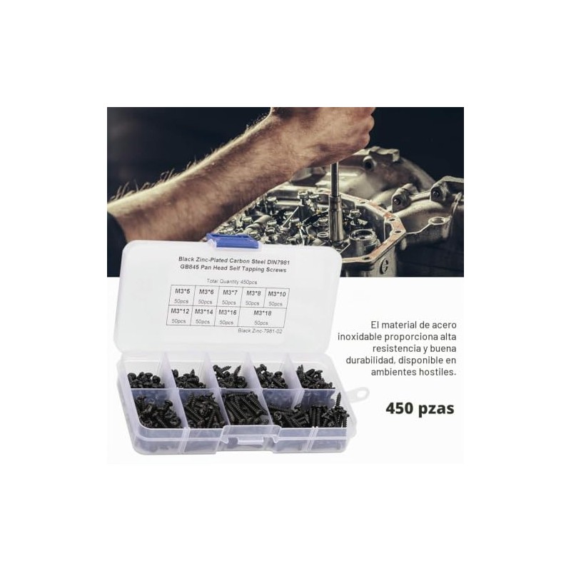 Tornillos Autorroscantes M3, Acero Inoxidable Negro de 450 Piezas M3