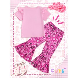 Toddler Girl Western Bell Bottom Outfit - Cowgirl Country Boot Print Tee Boho Flared Pants Rodeo Summer Clothes Set (PinkRose,100,1270b)