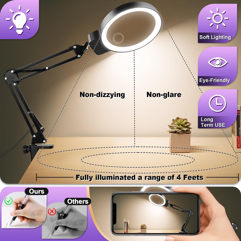10X 30X Large Magnifying Glass with Light and Clamp,Clip on