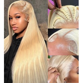 Peenoll Blonde 613 Straight Human Hair Lace Frontal Closure Wig Glueless Wigs Human Hair Pre Plucked Pre Cut Lace Closure Glueless Wigs Elastic Band 200% Density