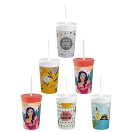 Engelland 6 x Plastic Cups with Lid and Straw, BPA-Free, Colourful Mix, Drinking Cups, Party Cups, Plastic, Drinking Glasses, Reusable, 0.33 Litres