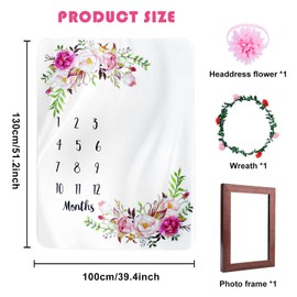 Milestone Blanket Baby Month Blanket Baby Blanket with Floral Pattern Monthly Blanket Baby Boy & Girl Baby Blanket with Month as Gift for Birth 130 x 100 cm