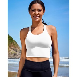 XUNYU Women Sports Bras Longline Fitness Crop Tops Tank Gym Camisole Strappy Criss Cross Yoga Workout Running Shirts, White Sports Bra, Medium