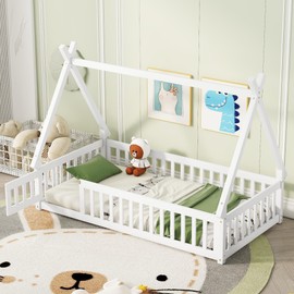 Bellemave Twin Size Tent Floor Bed for Kids,Teepee Bed with Door and Guardrails,Wood Floor Bed with Slats,Montessori Floor Bed for Girls Boys(Twin,White)