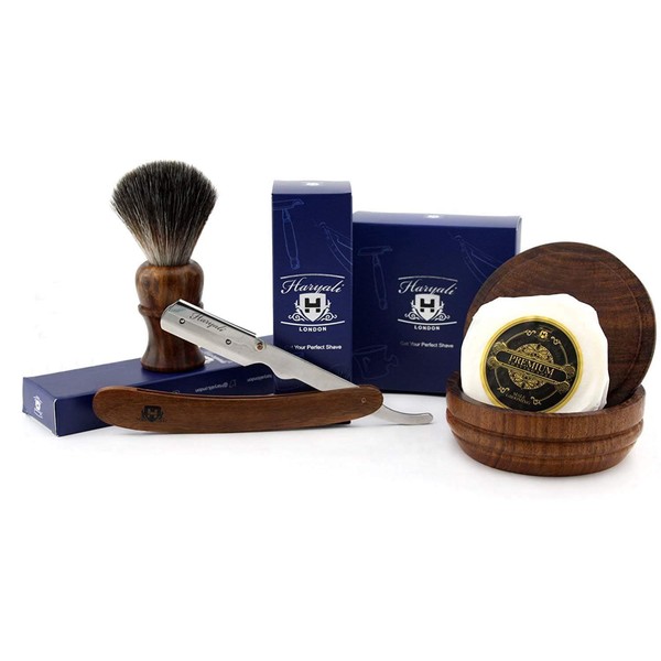 4 PCs Wooden Shaving Set with Straight Cut Throat/Shavete Razor,Black Badger Look Alike Synthetic Hair Brush with Soap & Bowl. Perfect Set in Rose Wood.