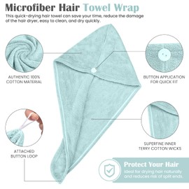 Glamza Microfibre Hair Towel Wrap Super Absorbing Twist Turban Hair Wrap with Buttons for Fast Drying Hair (2 PACK (LARGE) - GREEN & BLUE)