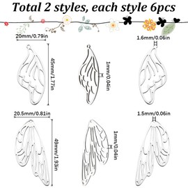 SUNNYCLUE 1 Box 12Pcs Stainless Steel Wing Charms Bulk Butterfly Wing Pendants Butterflies Dragonfly Wings Hanging Flying Animal Theme Charms for Jewelry Making Charm Earrings Art Crafts DIY Supplies