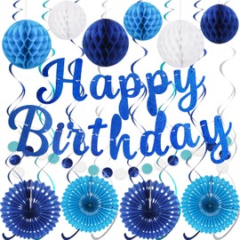 PatiCool Blue Birthday Decorations, Pre-Strung Happy Birthday Banner, Honeycomb Balls, Circle Dot Garland, Paper Fans, Hanging Swirls, Happy Birthday Party Decorations for Men Boys Women Girls