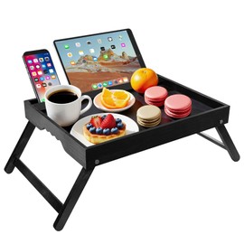 CUXFLS Bamboo Bed Tray Table with Folding Legs Media Slot and Phone Holders - Breakfast Tray on Bed Sofa, Perfect as Laptop Desk, Snack & Kitchen Serving Platter - Black
