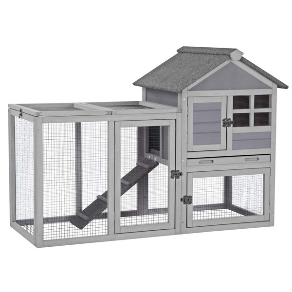 Aivituvin 51.6''L Rabbit Hutch Outdoor Chicken Coop Indoor Bunny Cage with Run,Guinea Pig House Pull Out Upper Tray (51.6" L x 25.2" W x 36.2" H, Grey-1 Set)
