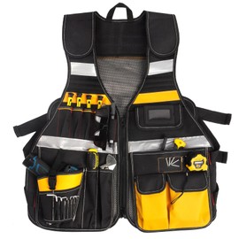 Electrician Tool Vest for Men with Drill Holster, 21 Pockets, Reflective Adjustable Construction Workwear, Oxford Work Vest with Mesh Back & Padded Shoulders for Carpenters and Handyman