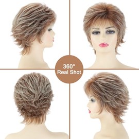 TISHINING Pelucas Cortas De Corte Pixie Rubio Mixto Para Mujeres Blancas Onduladas En Capas Rubias Mixtas Castaño Peludo Pelucas De Reemplazo De Cabel