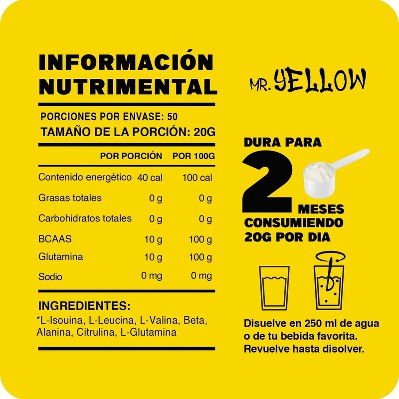 Aminoácidos Bcaas Glutamina 1kg Mr. Yellow Varios Sabores