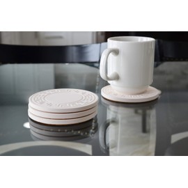 CoasterStone Absorbent Stone Greek Key Coasters, 4.25", White