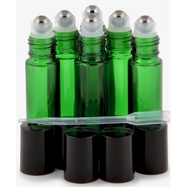 Vivaplex, 6, Green, 10 ml Glass Roll-on Bottles with Stainless Steel Roller Balls - .5 ml Dropper included