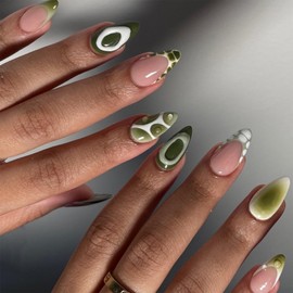 SINHOT Almond Press on Nails Medium - Green Ombre Fake Nails Glossy Glue on Nails Crocodile Print Nails French Tip Stiletto Artificial Nails Stick on False Nails with Design DIY 24 pcs