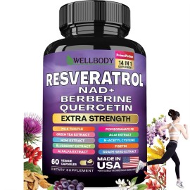 wellbody Resveratrol NAD + Berberine, Quercetin- Anti-aging, Antioxidant, Neuroprotectio