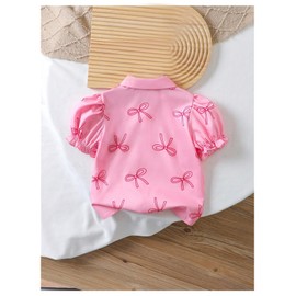 Verdusa Girl's Cute Bowknot Puff Sleeve Blouse Tops Button Down Collared Shirts Pink 7 Years