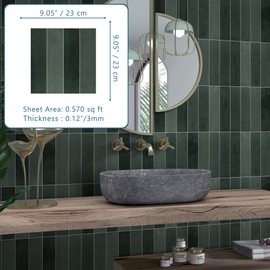 sunwings 16-Sheet Peel and Stick Backsplash Tile 9" x 9" Stacked 3D Handmade Looks Square Self Adhesive Wall Tiles for Kitchen Bathroom, Green