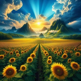 Huge Field of Sunflowers Sunflower Meadow Sunrise Mountains Poster Print 24 x 24