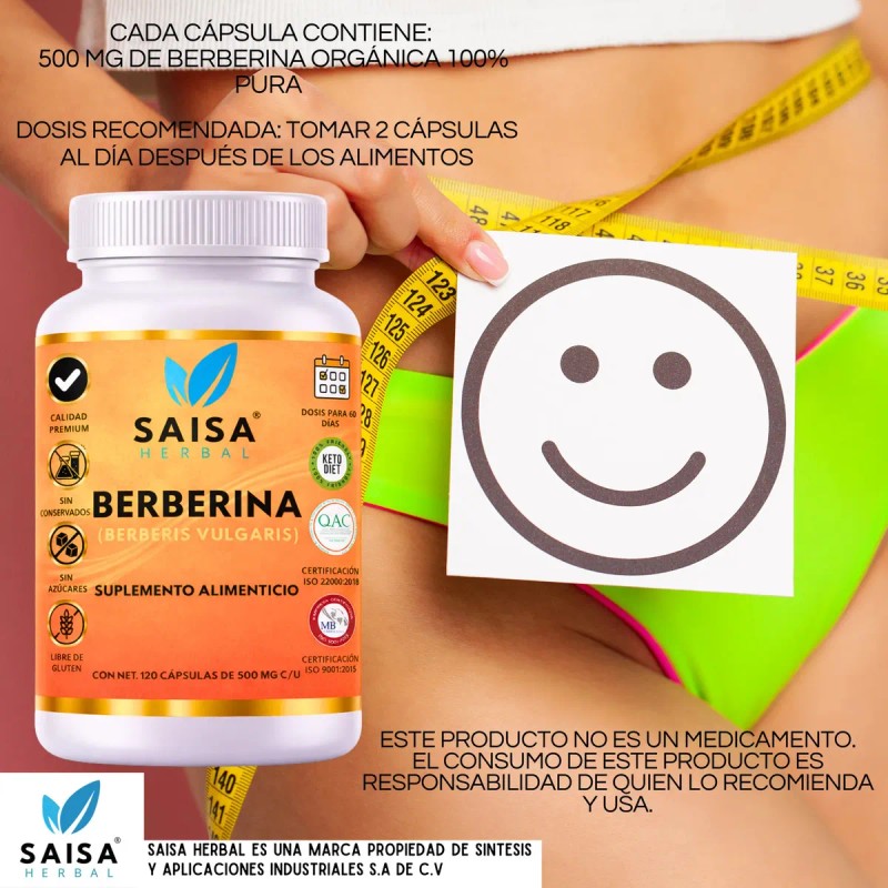 Berberina 100 Pura 120 Cáps Suplemento Alimenticio Saisa Herbal Metabolismo