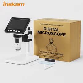 INSKAM 4.3 Inch Coin Microscope, INSKAM 50X-1000X Magnification LCD Digital Microscope with 8 Adjustable LED Lights for Kids and Adults for Coins/Stamps/Plants/Welding work equipment magnifying  glass - Color: White