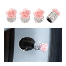 KHGUZ Bling Car Valve Stem Caps, 4PCS Crystal Rhinestone Rose Flower Vehicle Wheel Tire Tire Valve Covers, Dustproof Diamond Auto Air Cap Covers, Universal for Bicycle Trucks Motorcycles (Pink)