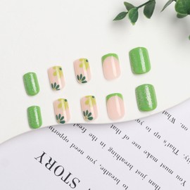 BFY Green Flower Press on Nails Short Square Fake Nails, Spring Summer French Green Glitter Acrylic Nails, Irish Glossy Gel False Nails Kit Stick Glue on Nails Tip, St Patrick's Day Decor 24 Pcs