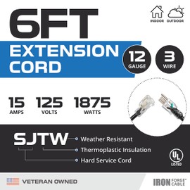 Iron Forge Cable 12 Gauge Outdoor Extension Cord 6 Ft, SJTW 12/3 Heavy Duty Extension Cord 3 Prong, Flame Retardant Black Electric Cable - Lighted End