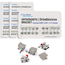 LA MIERE Brackets de ortodoncia metálicos estándar MBT, ranuras de 0,018, 3-4-5, con gancho, 20 unidades por paquete, 10 unidades