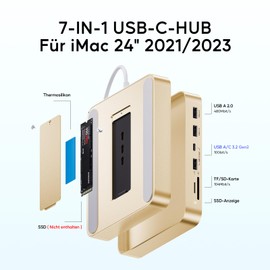 PULWTOP USB C HUB for iMac 24 Inch 2021/2023.7 in 1 USB Hub for iMac M1/M3, iMac Accessories with USB C 10 gbps, 3 x USB A, SD/TF Card Reader, Supports M.2 NVME SSD (Not Included), Yellow