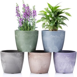 CroBlissful Set of 5 Flower Pots, 5 Inch Outdoor Garden Planters, Indoor Plant Pots with Drainage Holes, Plastic Tree Flower Plant Pots for Patio and Deck, Marble Pattern (5 Color)