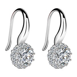 Meyiert Women's 925 Sterling Silver Clear Round Zircon Vintage Style Drop Dangle Hook Earrings (White)