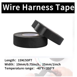 Self-Fusing Wire Harness Tape and Harness Wrap - Fabric Tape, Heat Resistant for Automotive Wiring Harness, Wire Loom Protection with Anti-Abrasion & Noise Reduction (1 Inch x 50 Ft, 5 Rolls, Black)​
