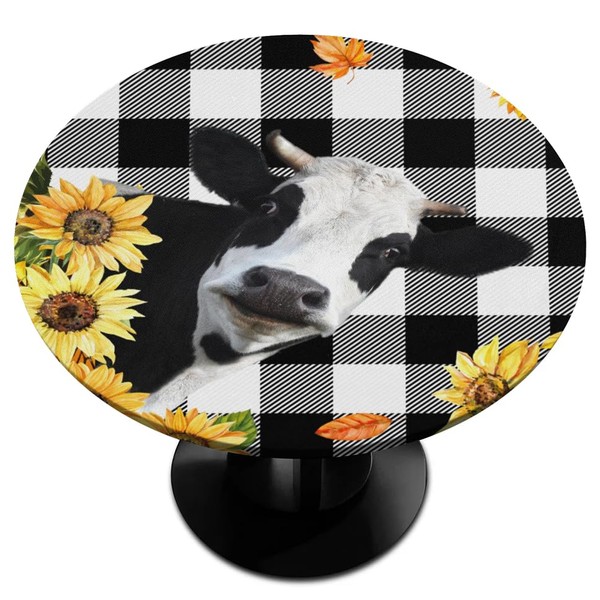 White Black Buffalo Cow Sunflower Fitted Tablecloth Round with Elastic