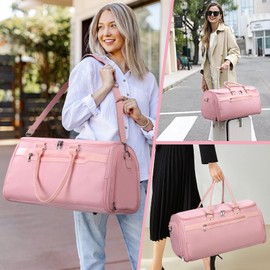 HOMIEE Garment Bags for Travel Women Carry on Duffel Bag Convertible Travel Bag with Toiletry Bag, Waterproof Large Weekender Bag 2 in 1 Hanging Dress Suit Suitcase, Pink