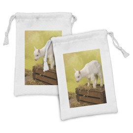 Lunarable Goat Fabric Pouch Set of 2, Rustic Inspirations in Goat Photograph with Hay and Vintage Crate, Small Drawstring Bag for Toiletries Masks and Favors, 9" x 6", Yellow Green White Brown
