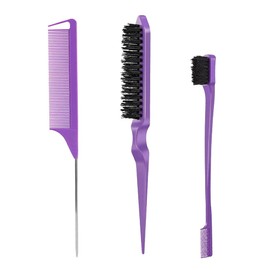 3 Pcs Hair Styling Comb Set, Teasing Hair Brush Rat Tail Comb Edge Brush, Boar Bristle Hair Brush Bristle Brush Grooming Comb for Women Girls（Purple）