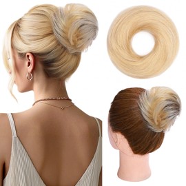 Hairro Hair Bun Piece for Women 100% Real Human Hair Extensions Messy Updo Scrunchies Fake Donut Bun Hairpiece, Bleached Blonde