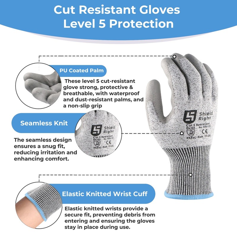 Shield Right Cut Resistant Gloves, Level 5 Protection, PU Coated