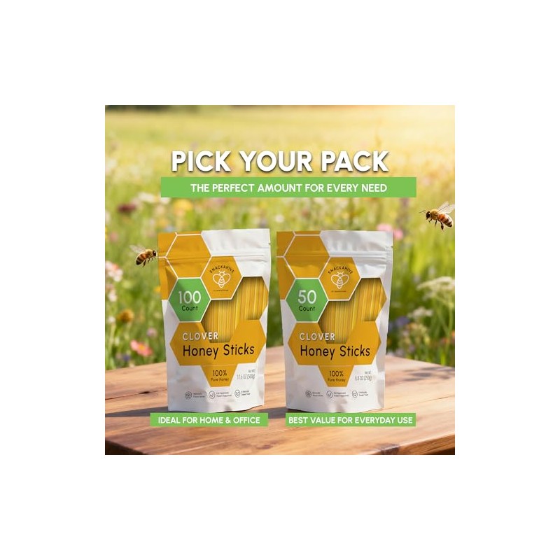 Snackathon Honey Sticks, Clover Blossom Pure Honey, 100 Count Bulk,