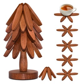Wooden Trivets for Hot Dishes, Wooden Tree Trivet Set of 5 for Easy Storage - Suited for Hots, Pans, Bowl, Teapot, Hot Holders - Multifunctional Ornaments (Dark - 5 PCs)