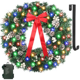 24inch Christmas Wreath for Front Door Christmas Decorations - Battery Operated Prelit Door Wreath with 75 Multicolored LED, Snow Pinecone, White Berries, and Wreath Hanger